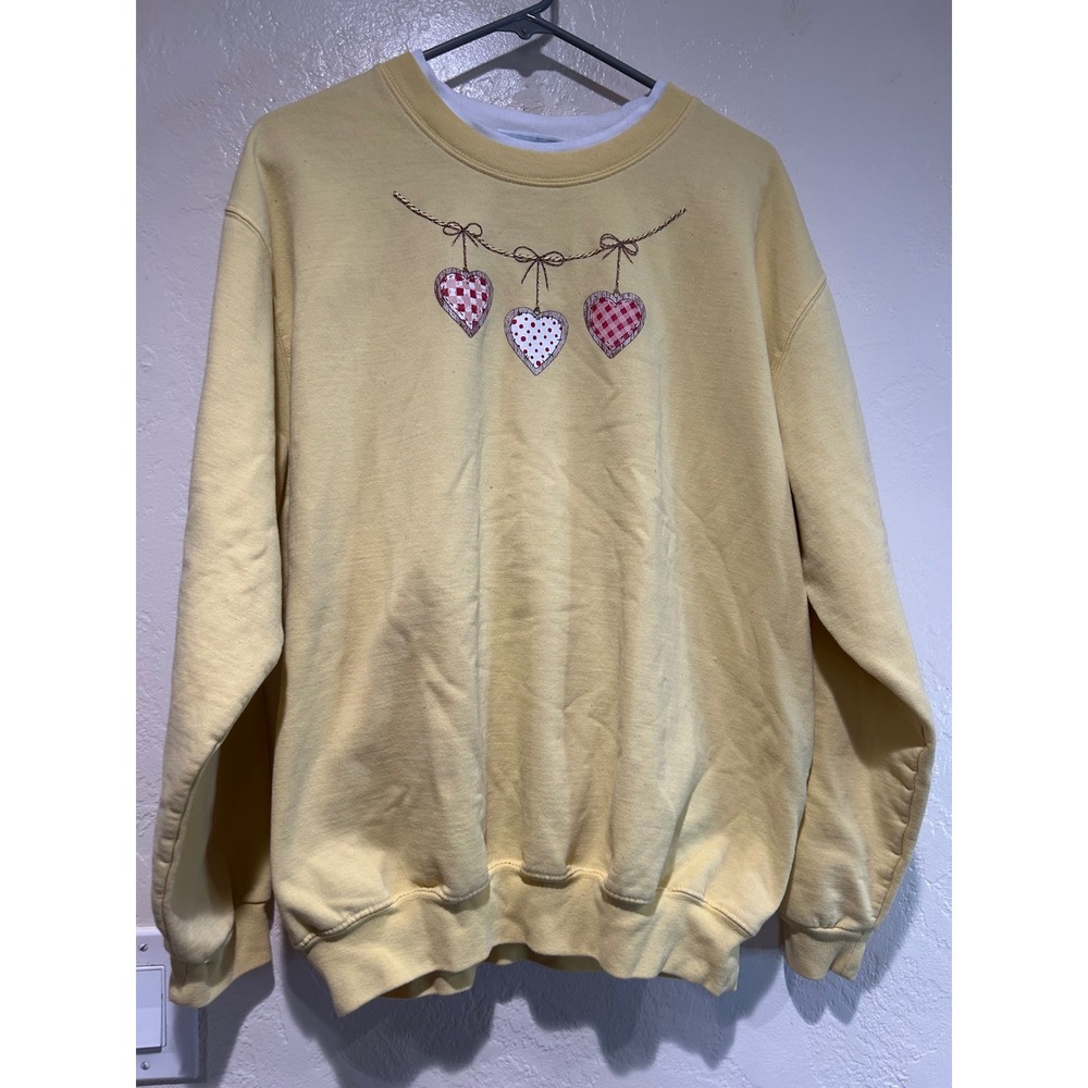 Country Store Yellow Heart Embroidered Sweatshirt 2X Double Neck Gingham Polka